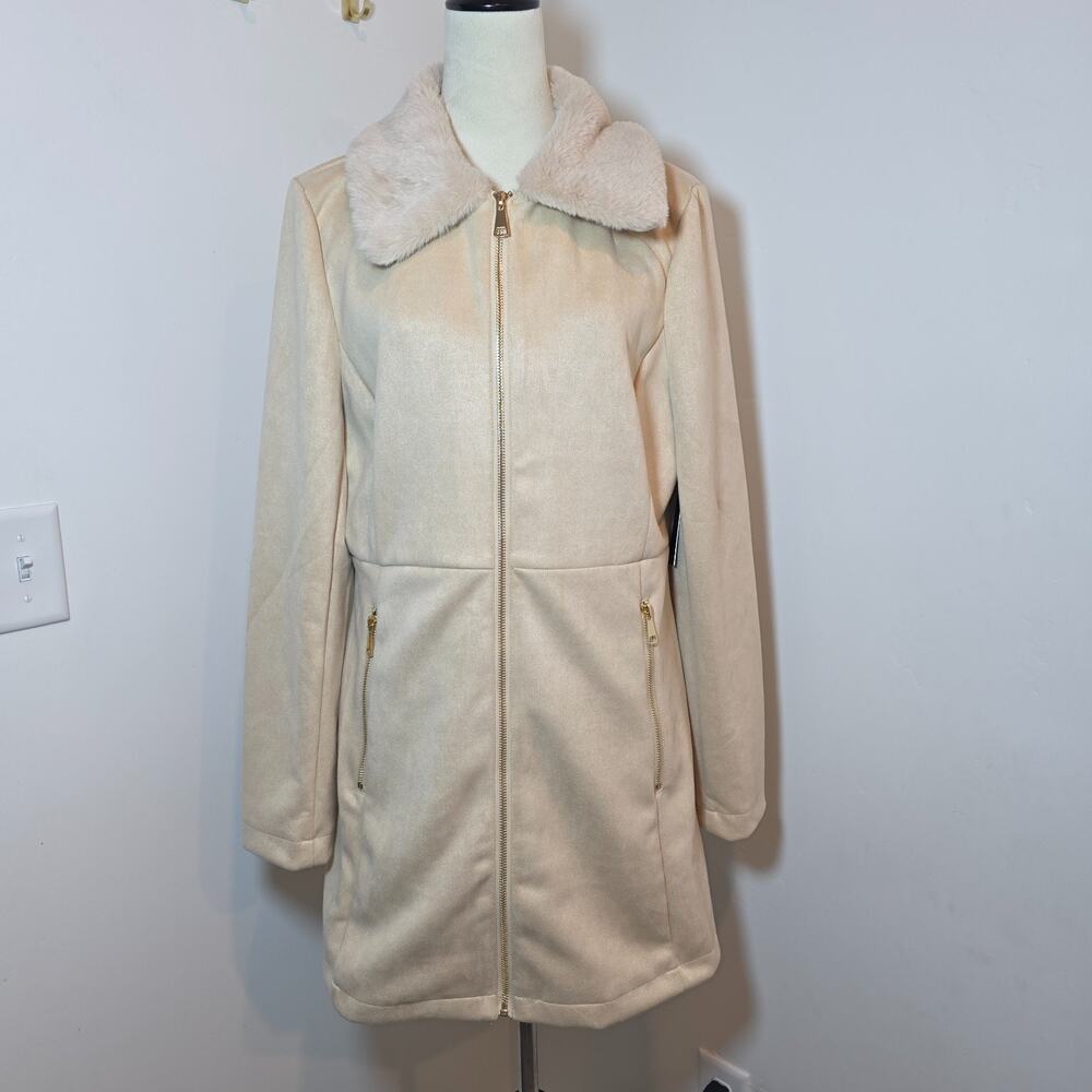 NWT Alice Blue Faux Suede Mid Length Jacket Coat Large Beige Fur Collar Pockets